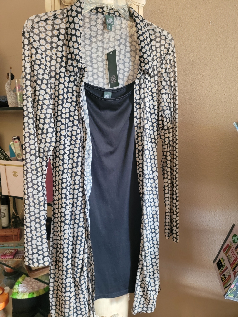 Wild Fable White And Black  Floral Open Cardigan with Black Tank